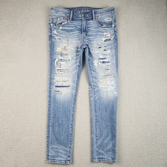American Eagle Jeans Mens 34x30 Skinny AirFlex+ Patched Distressed Denim Pants - Picture 1 of 16